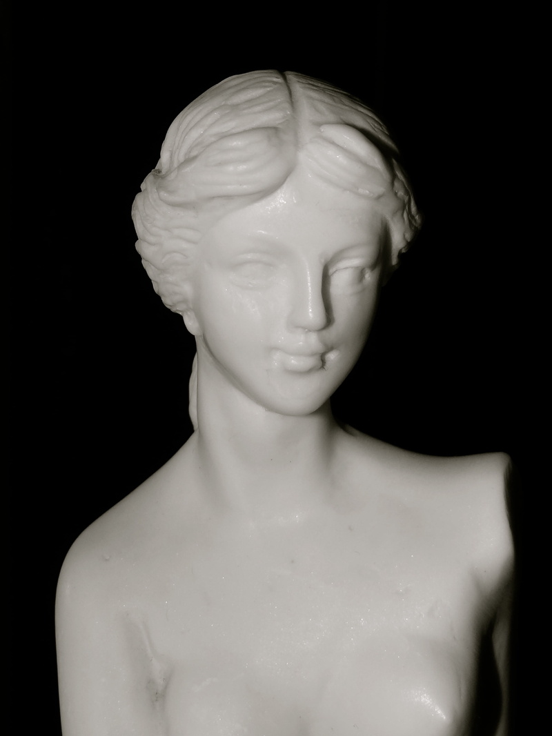 creativity, statue, carrara, human representation, studio shot, classical style, black background, no people, single object, marble, female likeness, male likeness