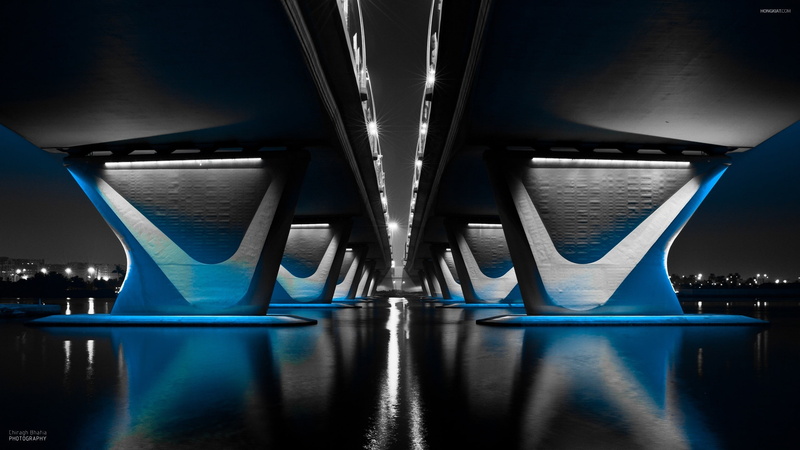 motion, indoors, strength, city, close-up, bridge, water, blue, 2K, connection, metal, illuminated, architecture, selective coloring, transportation, lighting equipment
