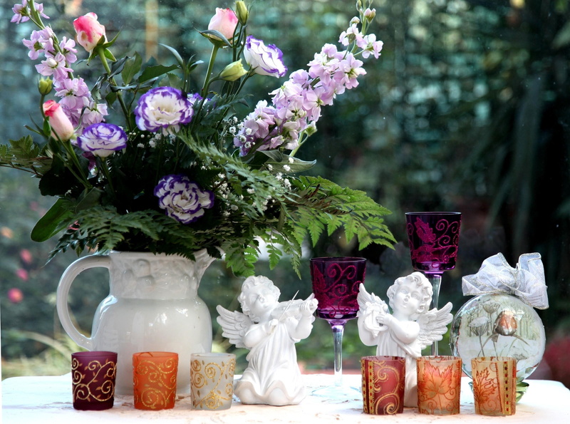 variation, leaf, flower arrangement, flower, bouquet, flower Head, angels, figurines, vase, color, drinking, lisianthus russell, cups, close-up, season