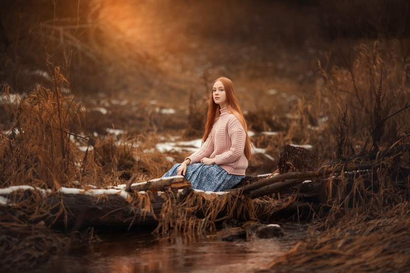 women, women outdoors, forest, oleg rodin, redhead, 2K, long hair, nature, winter