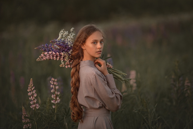 braided hair, women outdoors, oleg rodin, 2K, women, long hair, redhead, looking at viewer, flowers, nature