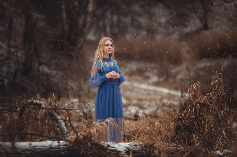 2K, oleg rodin, forest, blue dress, winter, snow flakes, women, blonde, women outdoors