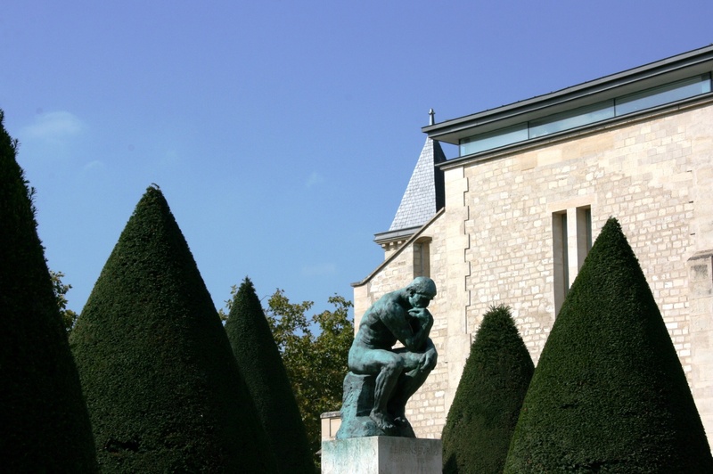 art and craft, no people, architecture, outdoors, 1080P, rodin, sculpture, sunlight, the thinker, sky, building, human representation, building exterior