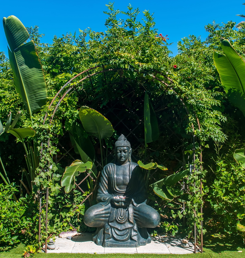 no people, worship, buddhism, male likeness, outdoors, day, buddha, representation, rest, green color, growth, religion, faith, nature, statue, stone figure