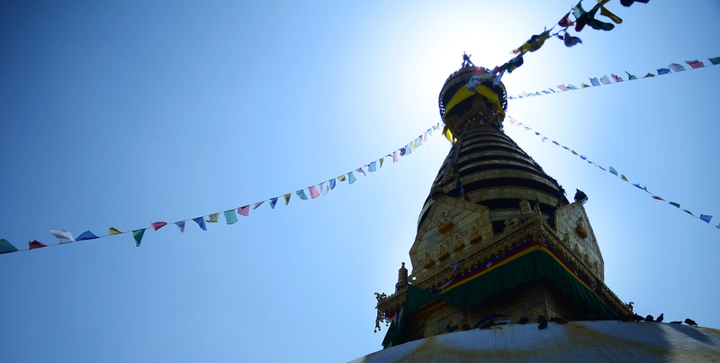 low angle view, prayer flags, kathmandu, day, clear sky, sky, belief, religion, place of worship, event, multi colored, nepal, buddah, 2K, travel, architecture