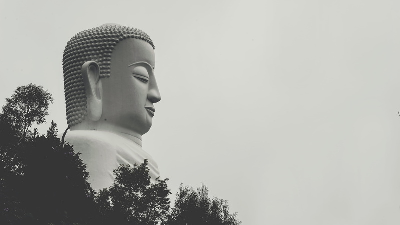 no people, human representation, sky, Buddhism, representation, black-and-white, low angle view, big, trees, culture, idol, creativity, side view, ancient