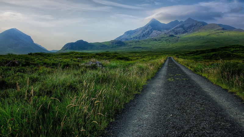 grass, 1080P, Sgùrr nan Gillean, nature, sky, clouds, landscape, UK, Skye, Scotland, mountains, rocks, road, plants