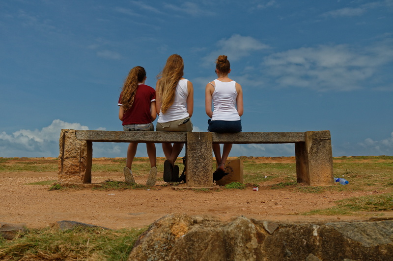 relaxation, rear view, friendship, couple - relationship, leisure activity, people, women, seat, hairstyle, sitting, looking at view, men, nature, sky