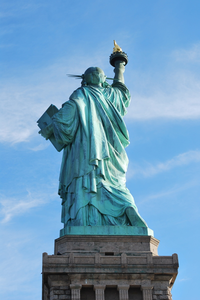 america, liberty, craft, low angle view, representation, architecture, new york, human representation, tourism, female likeness, backside, sky, sculpture