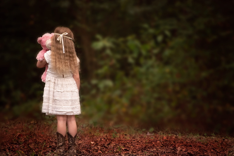 looking, colorful, girl, fashion, posing, child, female, outdoors, pair, standing, holding, woods, plush, brown, cowboy boots, bear, clothing, women, back