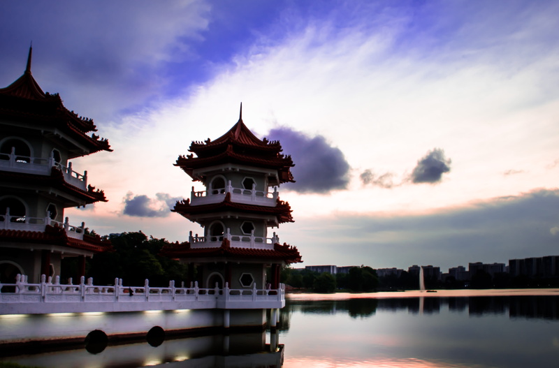 architecture, singapore, built structure, reflection, japanese garden, oriental, waterfront, place of worship, lake, cloud - sky, water, belief, building exterior