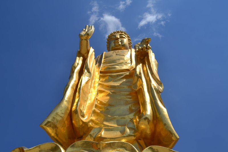 sculpture, built structure, red mountain, buddha statues, asia, statue, travel destinations, china, low angle view, blue, sky, architecture, cultures, religion