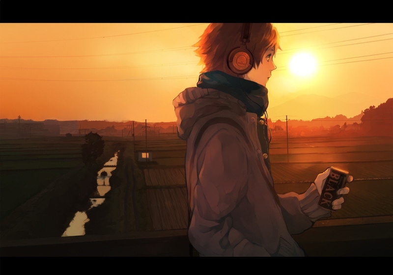 scenic, scarfs, outdoors, sunset, sky, headphones, hanamura, orange color, three quarter length, lifestyles, child, clothing, one person, lens flare, technology