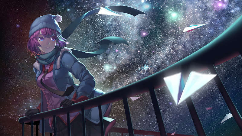 dark background, stars, one person, warm clothing, architecture, winter, leisure activity, anime, Monogatari Series, railing, anime girls, child, lifestyles