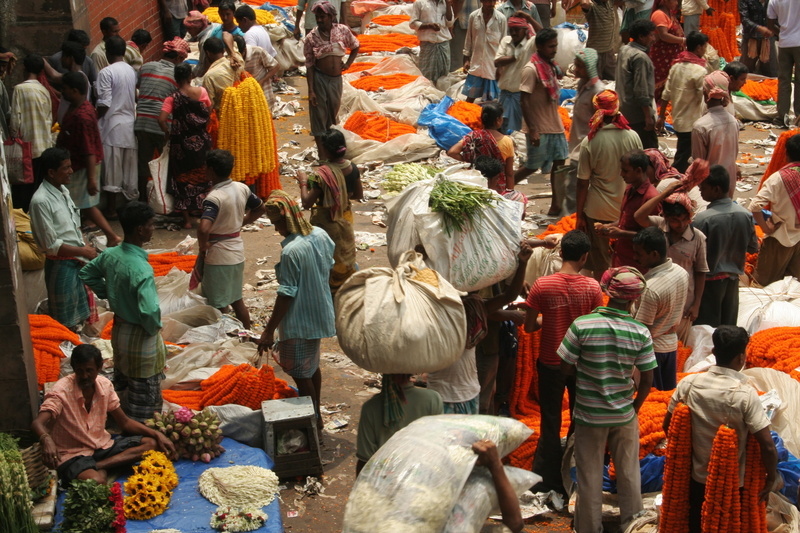 selling, city, people, flowers, poverty, men, kolkata, markets, mixed age range, high angle view, group of people, crowd, market, day, retail, adult, india