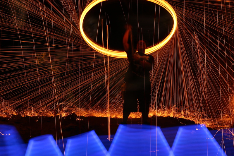 artistic, steelwool, spinning, night, sparks, person, lightplay, thor-spin, performance, light, spin, wire wool, dark, fire, 5K, glowing, skill, decoration