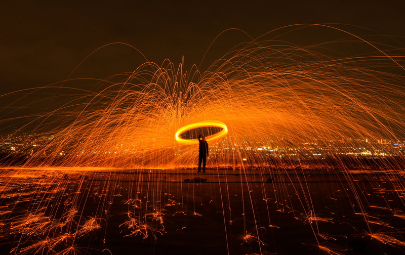 hot, sparkler, man, circle, communication, 720P, speed, outdoors, spinning, fire, light trail, nature, blurred motion, orange color, sparkle, glowing