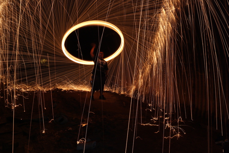 motion, steel, texture, geometric shape, shape, spinning, standing, one person, light painting, dark, performing, warning sign, firework, blurred motion