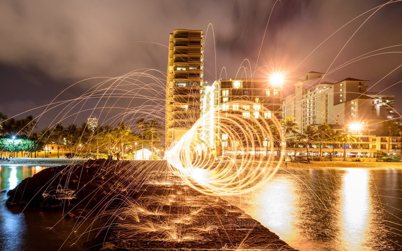 office building exterior, long exposure, cloud - sky, night, water, light, nature, waikiki, reflection, 1080P, Steelwool, city, 500px, Cityscape, building exterior