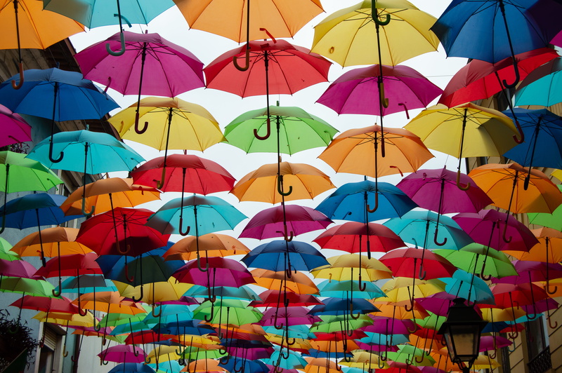 sky, colour, color, multi colored, variation, sale, art and craft, hanging, choice, day, agueda, yellow, market, side by side, umbrella, street, portugal