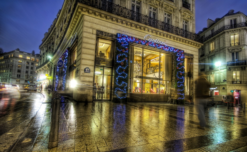 land vehicle, city, elysees, road, illuminated, mode of transportation, night, street, concrete, champs elysees, storey, Cartier, motion, city life, wet