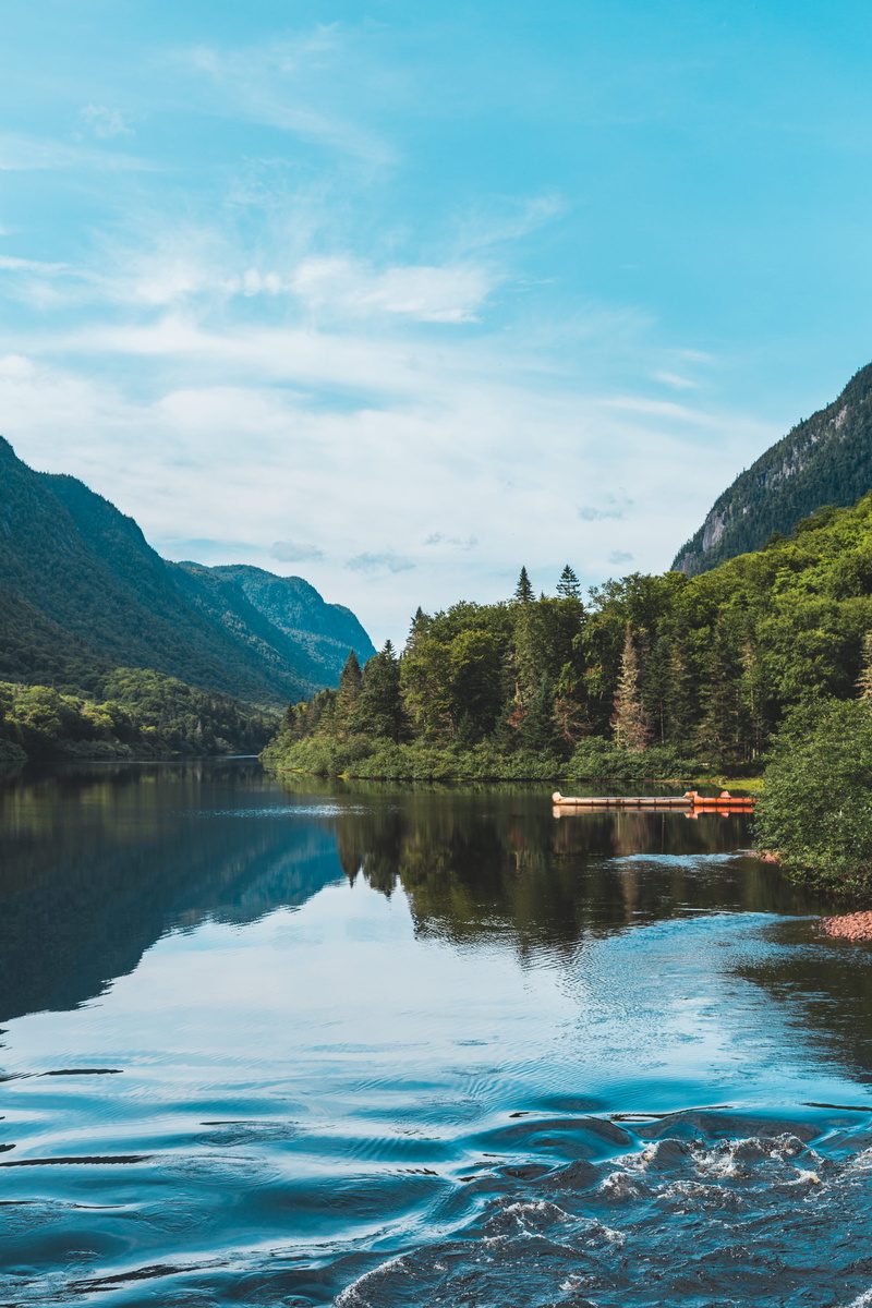 mountain, lake, canoe, national park, abies, tree, canada, no people, outdoors, waterfront, conifer, scenics - nature, water, sky, park, reflection, forest