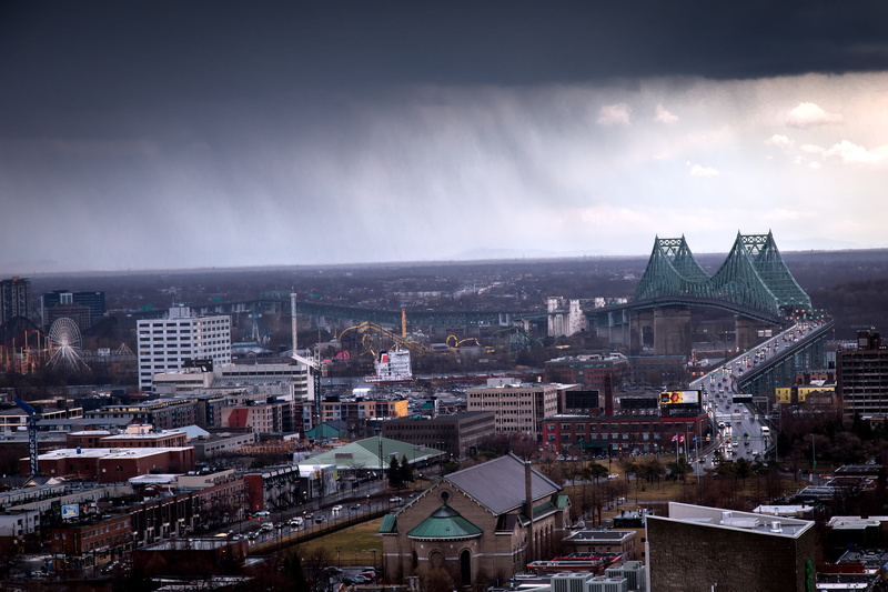 townscape, québec, cloud - sky, built structure, pont jacques-cartier, no people, rain, city, cityscape, clouds, night, montréal, building, roof, landscape