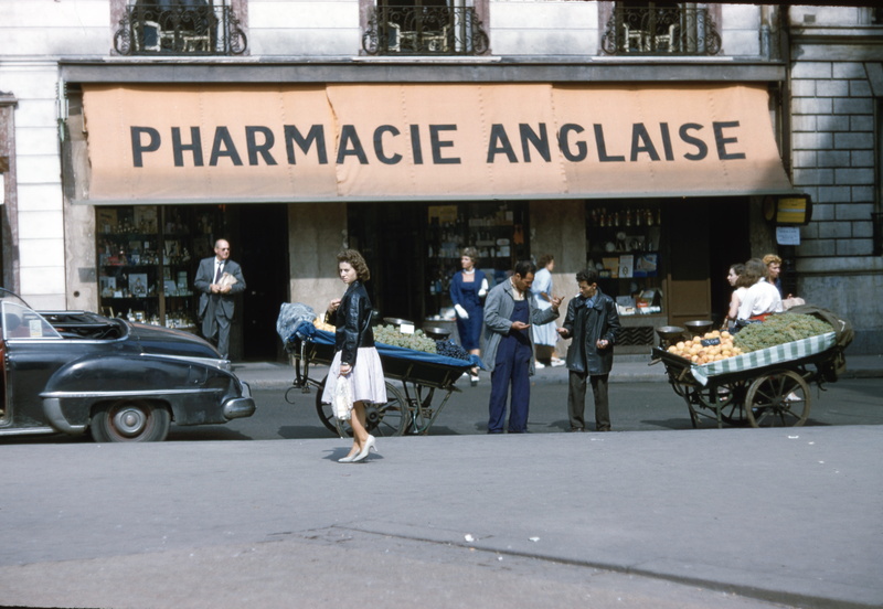 street, cafe, sign, real people, outdoors, people, car, fruit, pharmacie, city, business, vendor, front, architecture, western script, 8K, film, vintage