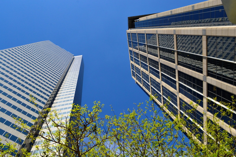 built structure, sky, tower, glass - material, low angle view, building exterior, skyline, studio, texas, city, clear sky, cityscape, commercial, office