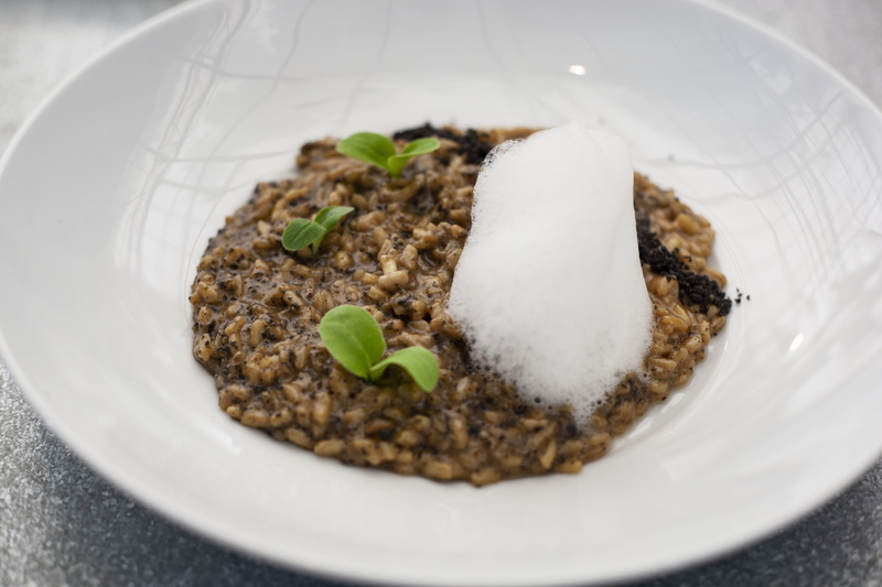 dine, high angle view, plate, indoors, food, food and drink, close-up, beginnings, leaf, plant, selective focus, 5K, table, fine dining, wellbeing, risotto