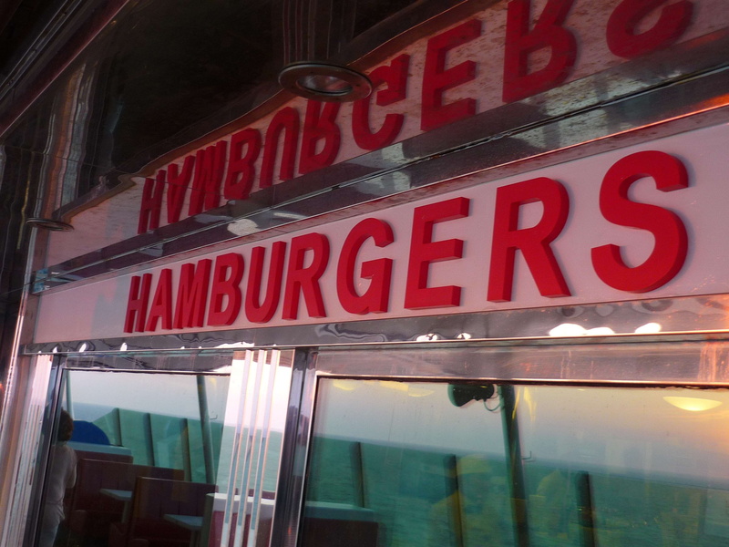 micro, sign, glass - material, window, low angle view, reflection, night, illuminated, hamburgers, 2K, information, text, joint, building exterior, red