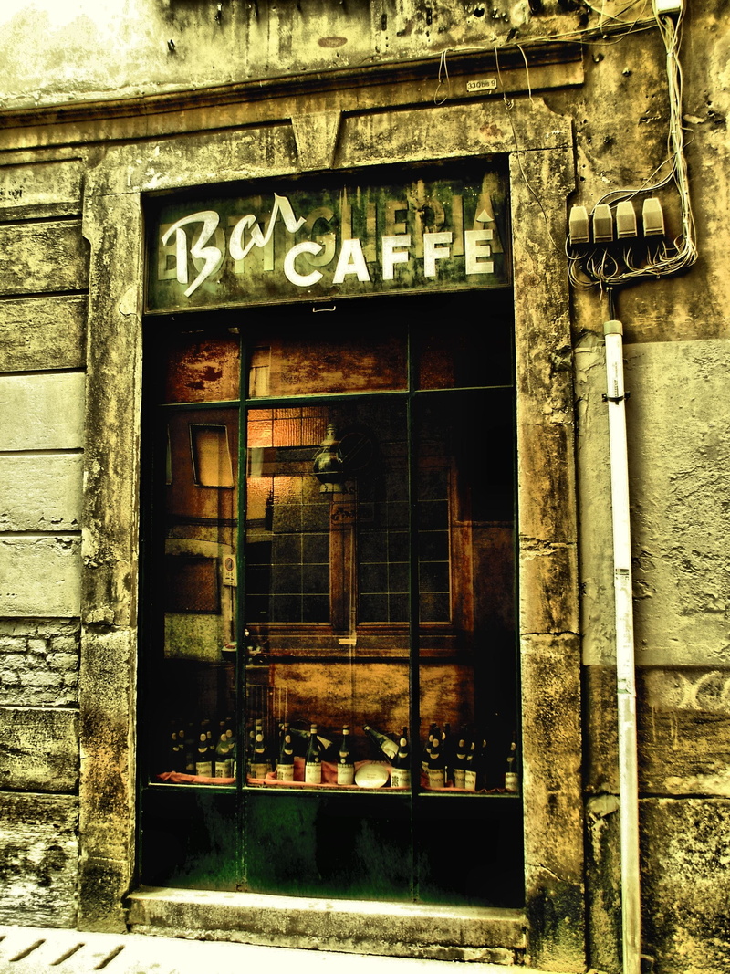brick, milan, wall, store, business, building exterior, day, window, door, outdoors, store sign, bar, text, bottle of wine, restaurant, no people, entrance