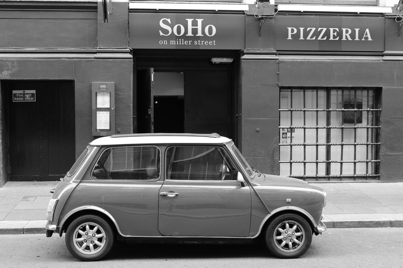 mini, building exterior, land vehicle, menu, city, door, communication, car, reflection, window, entrance, retro styled, united kingdom, mode of transportation
