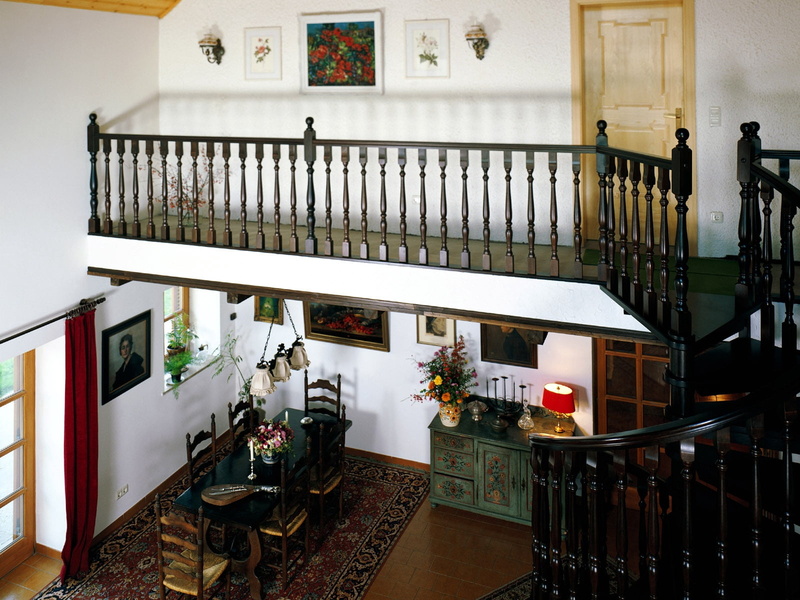 staircase, absence, wooden, living room, black, no people, railing, tiled floor, flooring, business, restaurant, steps and staircases, bathroom, indoors