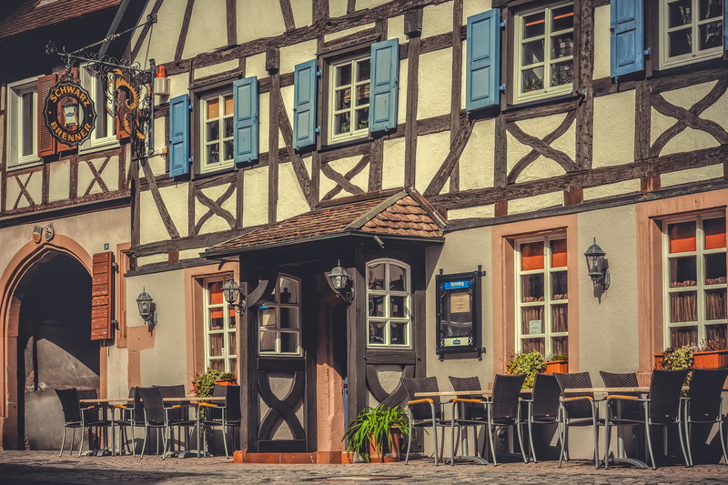 street, tourism, atmosphere, facade, fachwerkhaus, day, city, building exterior, nature, enjoy, house, restaurant, entrance, no people, outdoors, 4K, building