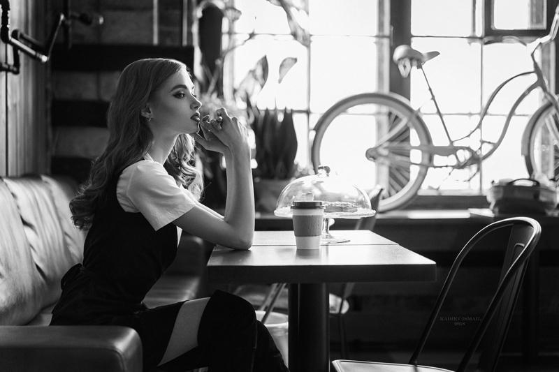 cafes, women, table, women indoors, monochrome, bar, long hair, sitting, 2K, black dress, Kadiev Ismail
