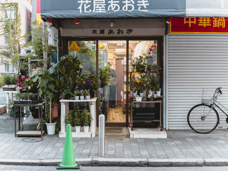 footpath, japan, sign, man, plant, bike, text, entrance, built structure, building exterior, day, bicycle, communication, architecture, outdoors, flowers