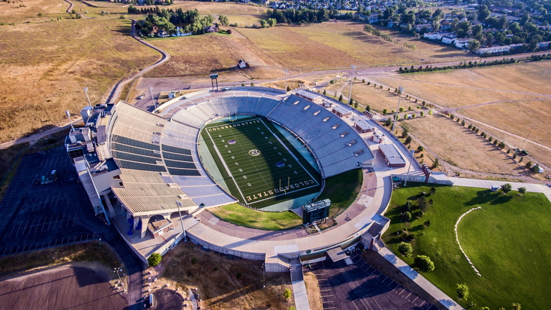 architecture, gray, shapes, day, colorado, landscape, aerial view, sport, stadium, daylight, football stadium, cropland, building, bowl, 4K, aerial, colorful houses
