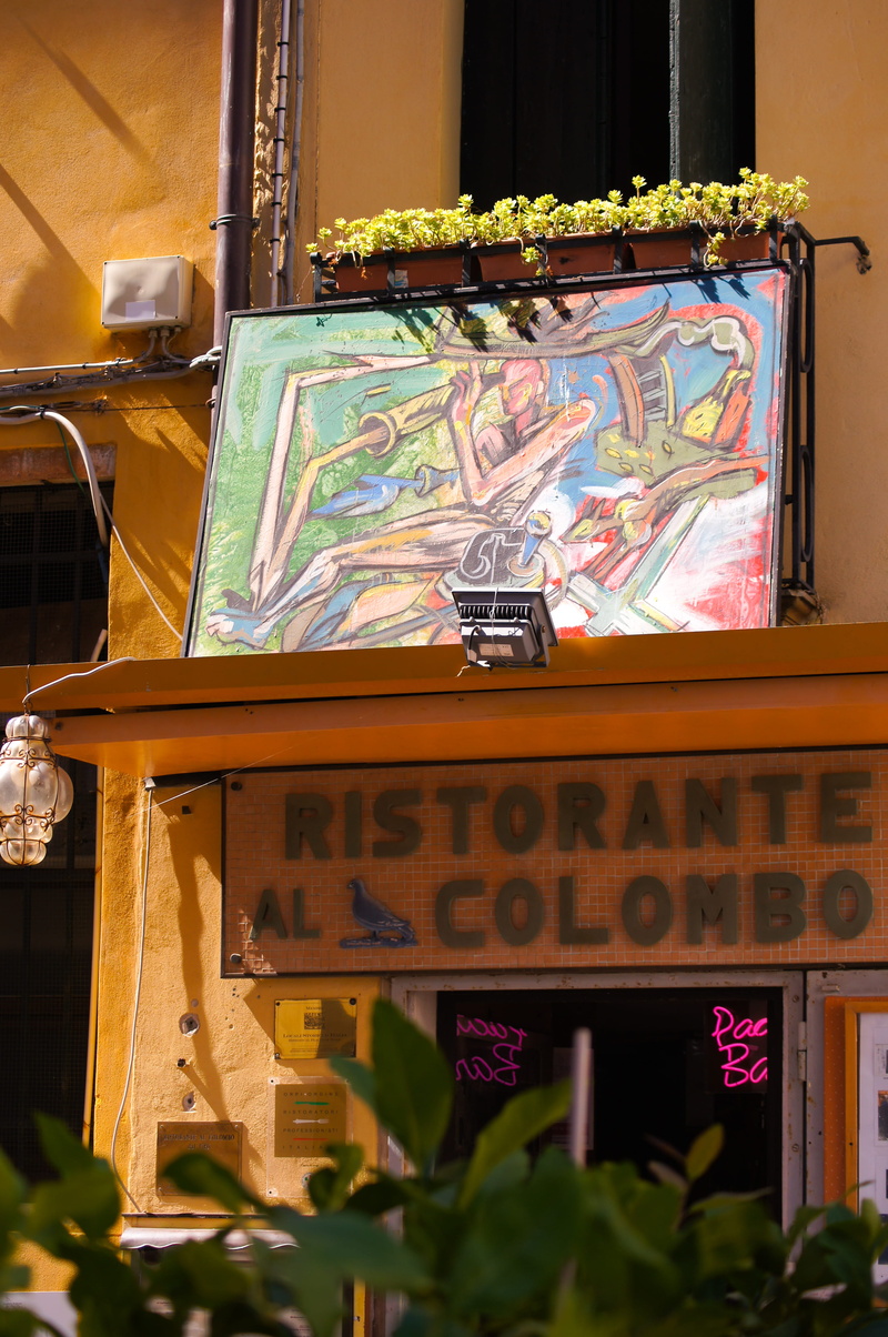 italian, painting, low angle view, sign, neon, ristorante, colour, metropolitan city of venice, no people, table, outdoors, sunshine, building exterior