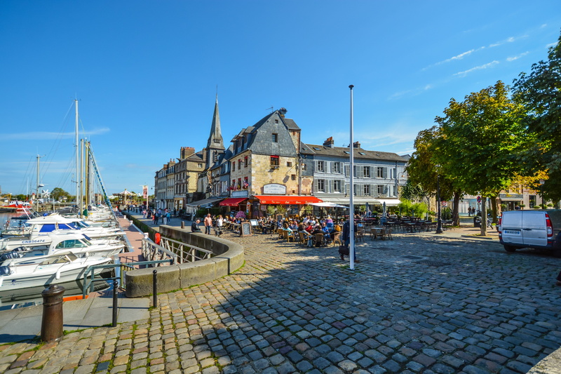 day, building, france, vacation, mode of transportation, transportation, european, town, honfleur france, place of worship, sidewalk cafe, colorful, travel