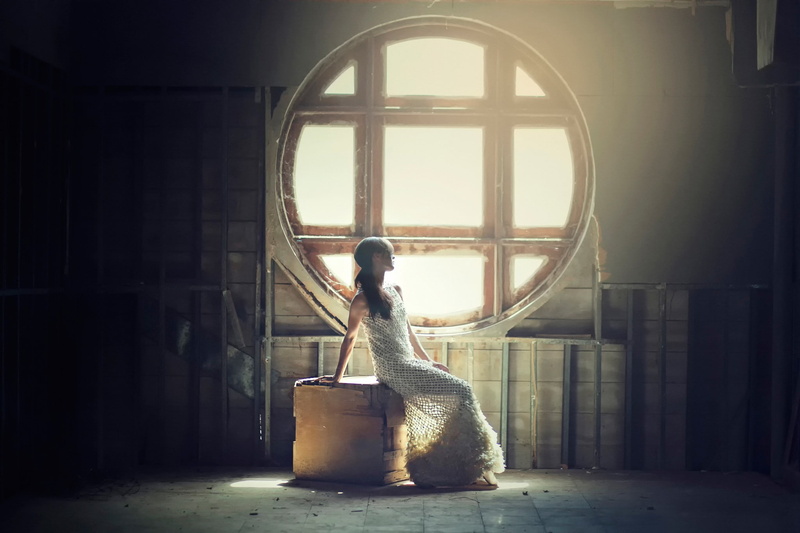 women, brunette, white dress, boxes, long hair, 1080P, model, window