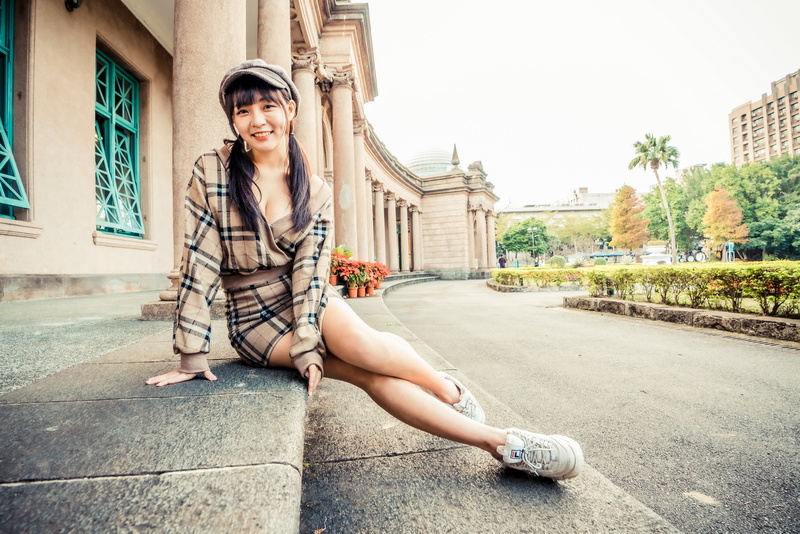 legs, twintails, palm trees, berets, Asian, flowers, sidewalks, building, Bushes, looking at viewer, model, women, sitting, 4K, long hair, trees, brunette