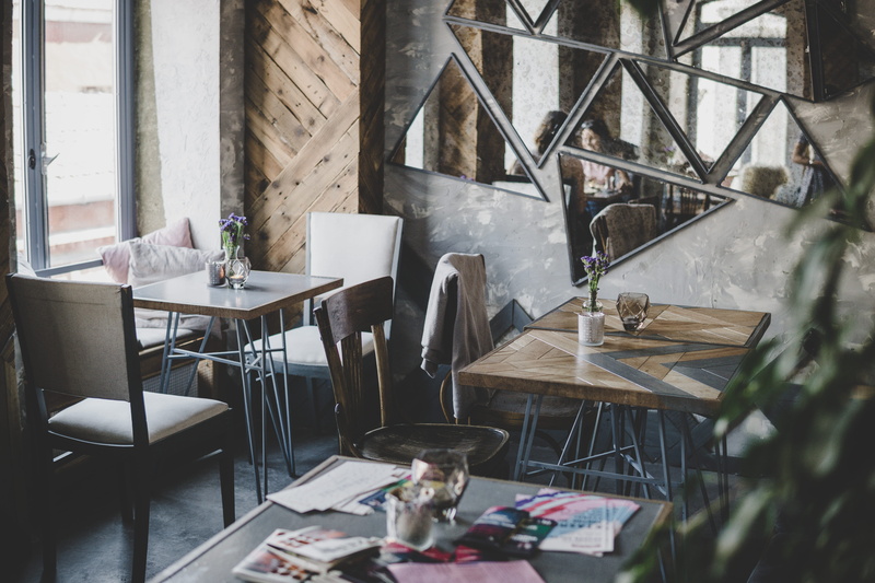 glass, cup, flower, interior, chair, glass - material, tables and chair, coffee shop, empty, restaurant, day, mirror, nature, wood - material, indoors