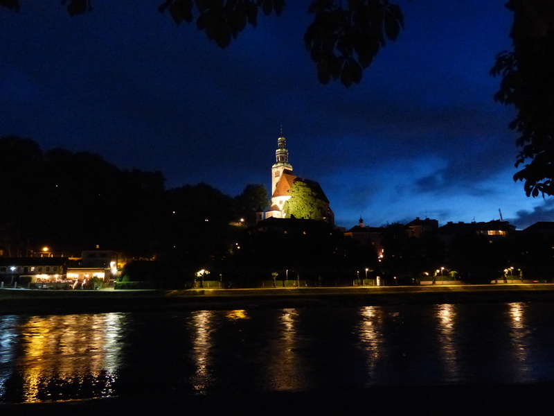 salzach, historic preservation, salzburg, river, city, lighting, illuminated, At Night, nature, house of worship, Müllner, spire, 4K, roman catholic, parish church mülln
