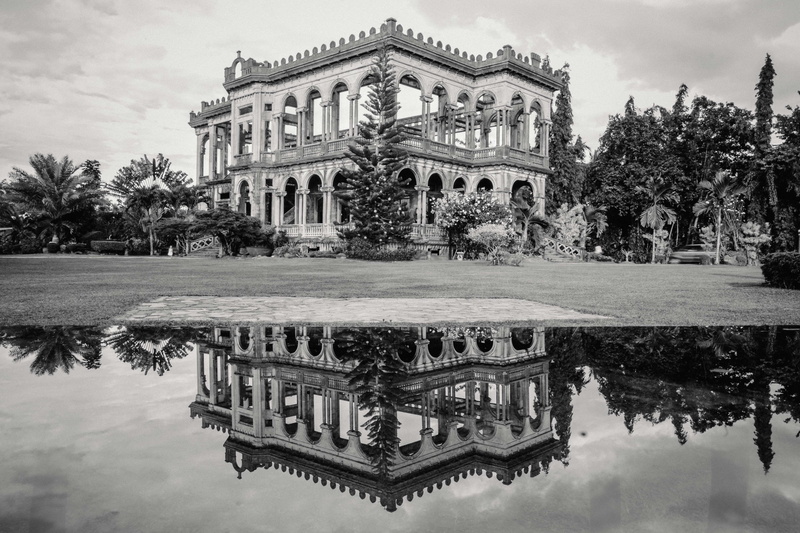field, plant, tourism, building, tree, Philippines, ornate, architecture, reflection, travel, reflecting pool, abandoned, grass, film grain, city, nature