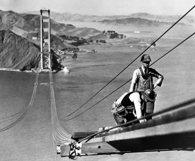 monochrome, construction, old photos, film grain, USA, landscape, mountains, 720P, ropes, photography, Golden Gate Bridge, men outdoors, helmet, men, San Francisco