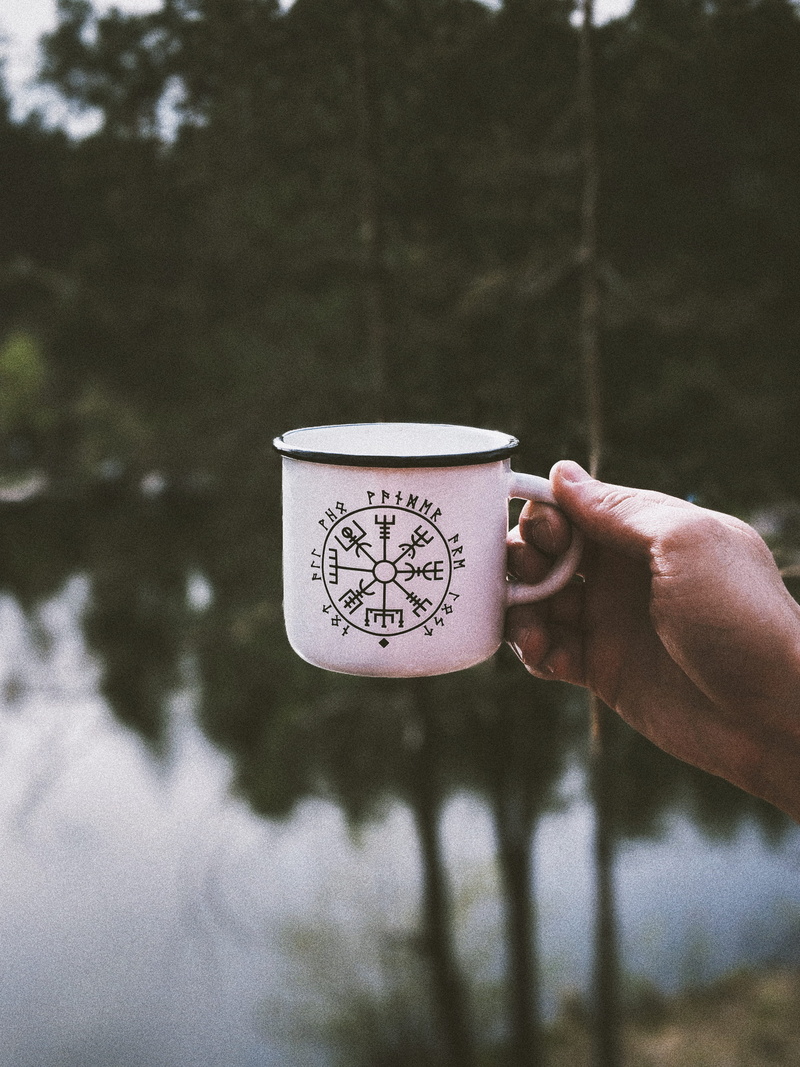 coffee, one person, coffee cup, camp mug, human hand, nature, closeup, focus on foreground, refreshment, outside, human body part, mug, outdoors, white
