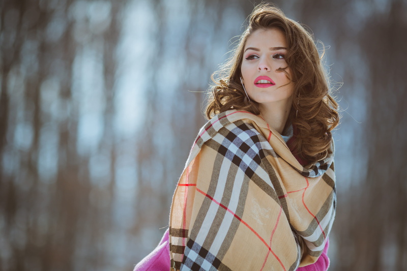 clothing, brown, standing, outdoors, trees, fashion, long hair, beauty, black, hair, portrait, one person, shallow, red, adult, young women, focus on foreground