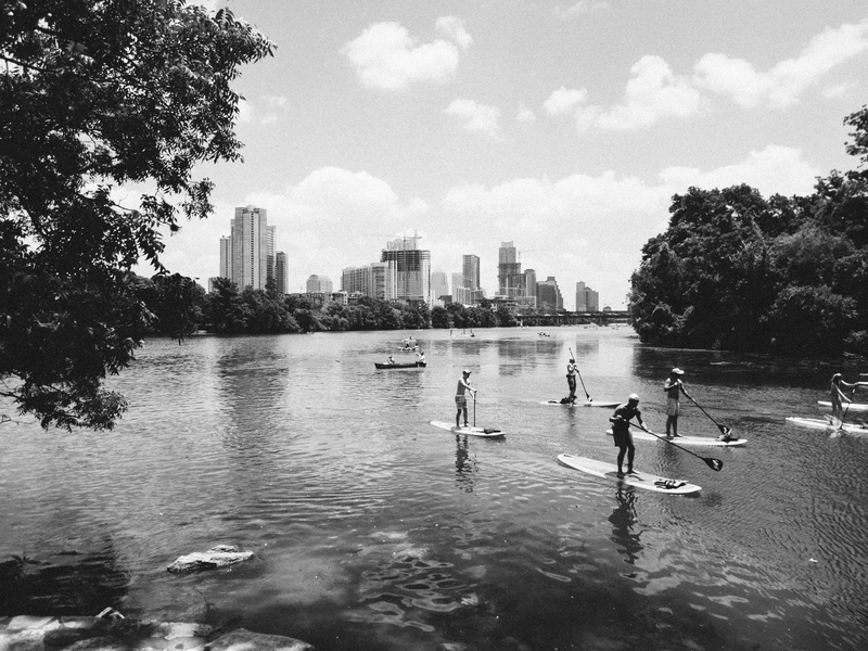 architecture, atx, austin tx, leisure activity, 4K, group of people, nature, paddle boarding, real people, building exterior, lake, city, day, austin