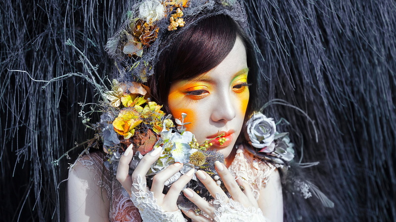 girl, flowers, fashion, makeup, fantasy, Lou Ann, colors, 1080P